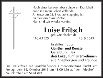 Traueranzeige von Luise Fritsch von Pegnitz-Zeitung
